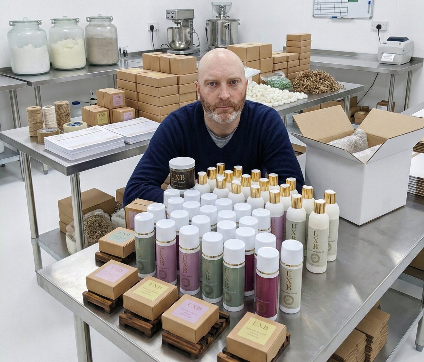 Simon, UXB's founder, in the studio with freshly made products