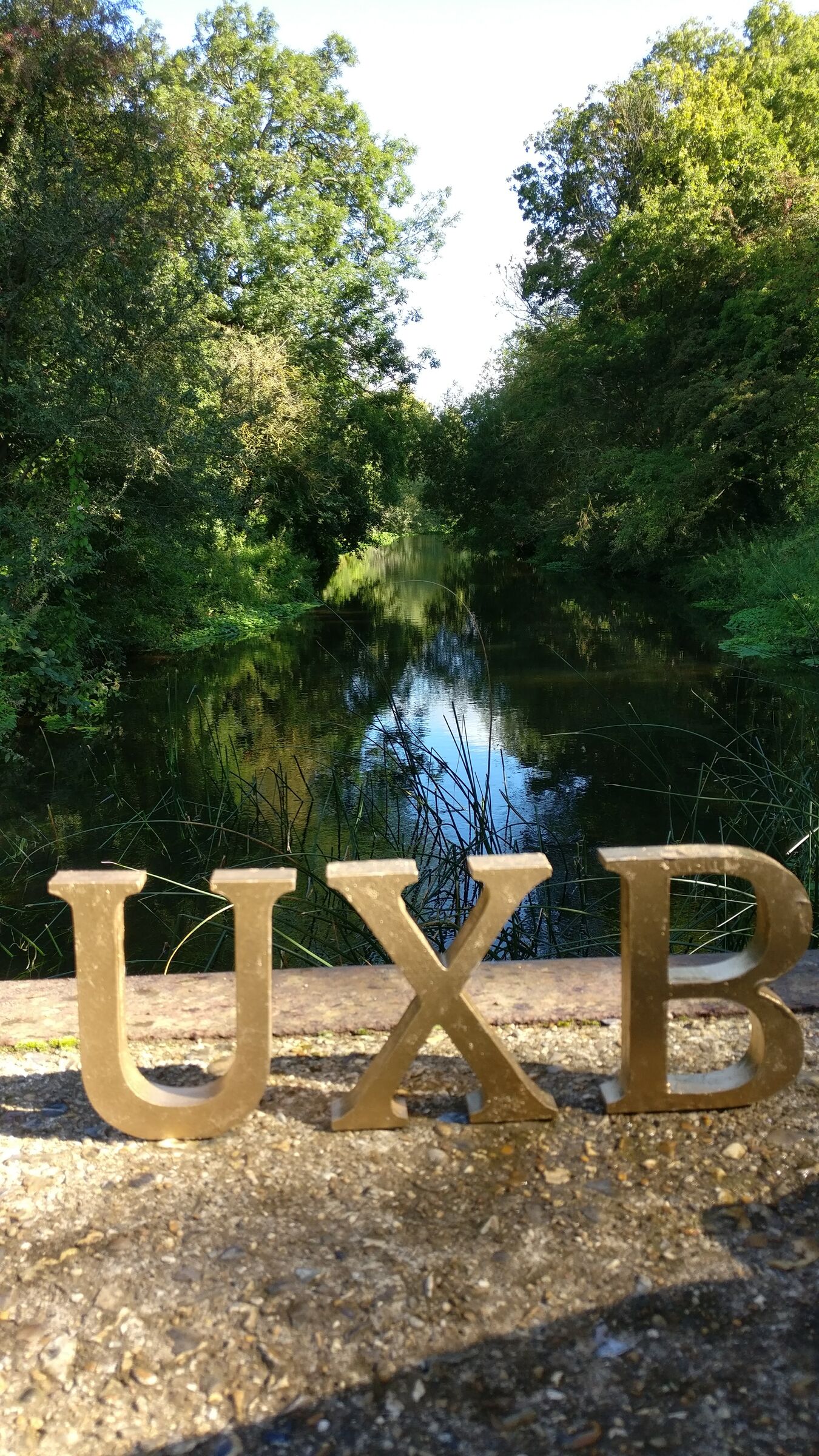 Gold UXB letters on a riverbank, trees reflected in the water behind